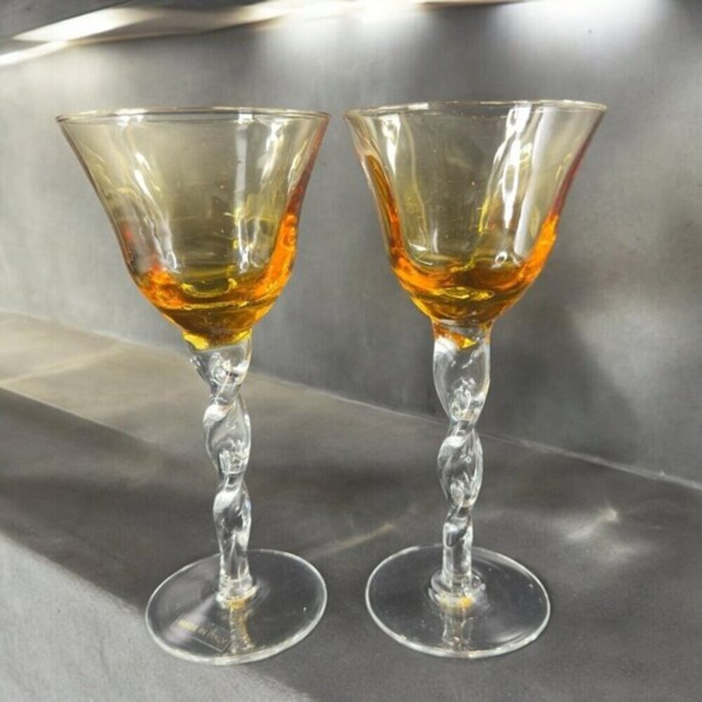 Italian Optic Drinking‎ Glasses Set 2 Clear Twisted Stem Optic Amber Top Barware